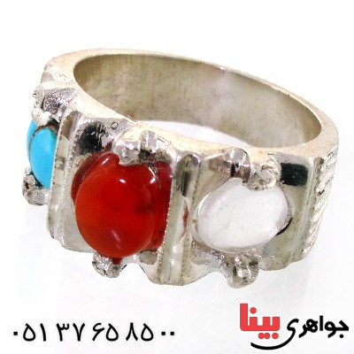 انگشتر چند جواهر مردانه عقیق یمنی، فیروزه نیشابوری و در نجف _کد:11829