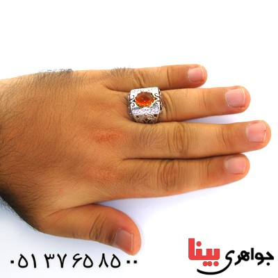 انگشتر عقیق یمنی شرف الشمس مردانه درشت اسلیمی دور طلایی _کد:11869