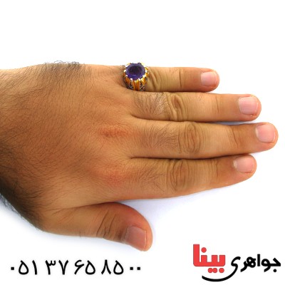 انگشتر آمتیست مردانه درشت اسلیمی دور طلایی _کد:11888