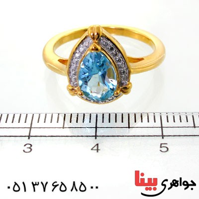 انگشتر توپاز و الماس زنانه مانی ایتالیایی مدل اشکی _کد:12082
