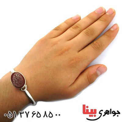 دستبند عقیق قرمز سنتی درشت با حکاکی الا بذکر الله خط عابد _کد:12120