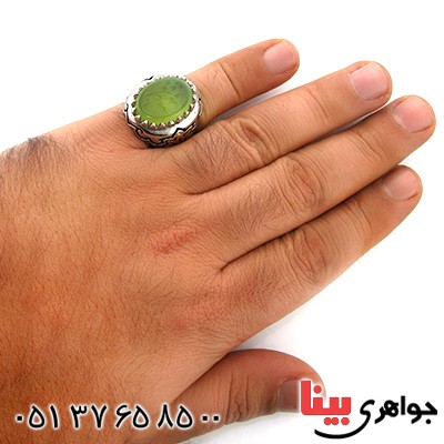 انگشتر عقیق سبز مردانه درشت اسلیمی فاخر با حکاکی برجسته یا ابا عبدالله _کد:12335