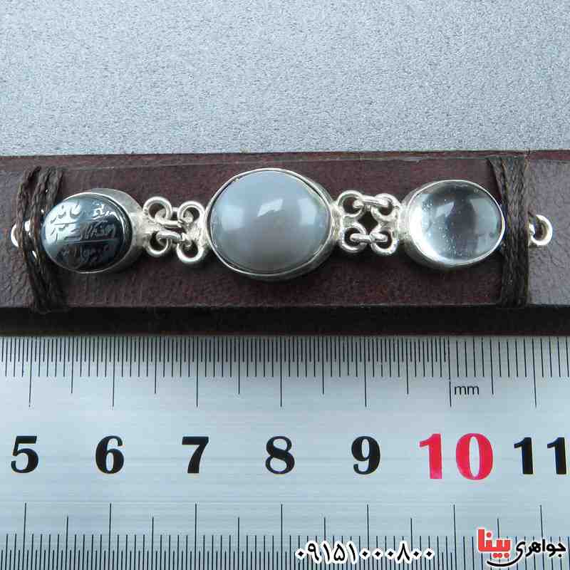دستبند چند جواهر با بند چرمی خاص مردانه _کد:24425