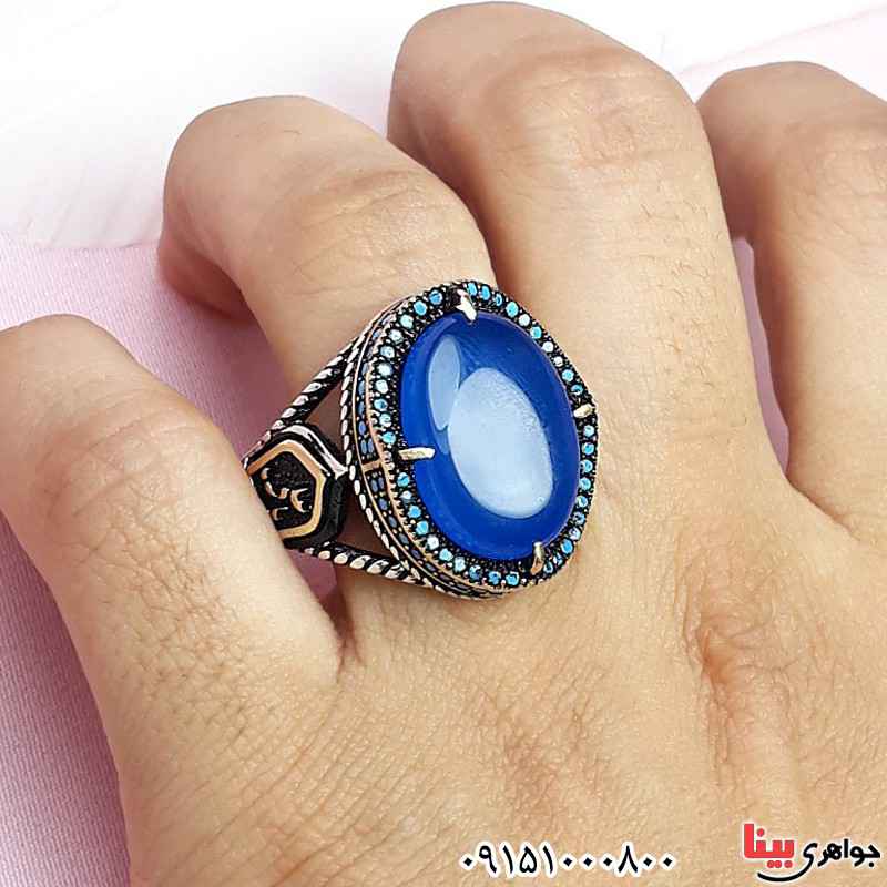 انگشتر عقیق آبی مردانه خاص و شیک زیبا _کد:30099