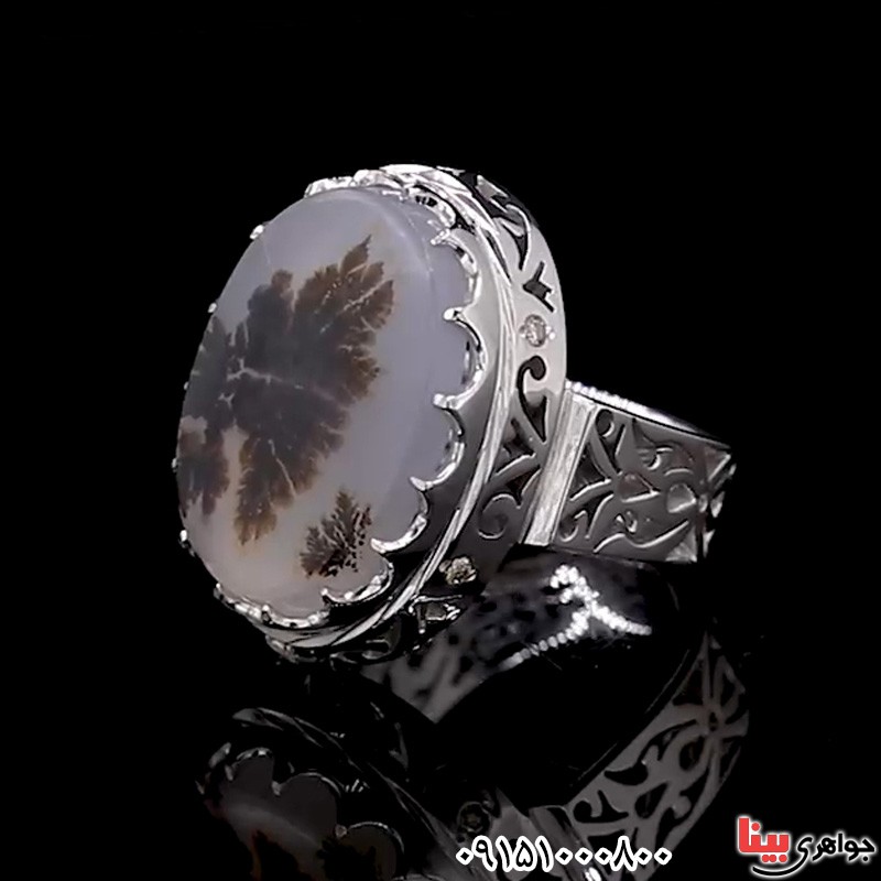 انگشتر عقیق شجری دور الماس دست ساز فاخر مردانه رودیوم _کد:30134