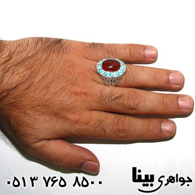 انگشتر چند جواهر عقیق یمنی و فیروزه مردانه فاخر درشت