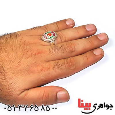 انگشتر چند جواهر زمرد، یاقوت و عقیق یمنی درشت حرزدار _کد:9192