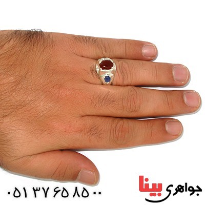 انگشتر عقیق یمنی مردانه با یاقوت کبود و زمرد سنتی _کد:9856