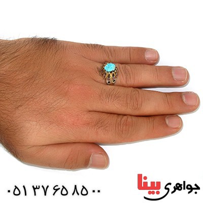 انگشتر فیروزه نیشابوری مردانه رکاب اشکی مزین به یاقوت _کد:9858