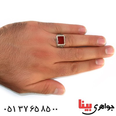 انگشتر عقیق قرمز مردانه شبکه ای _کد:10484