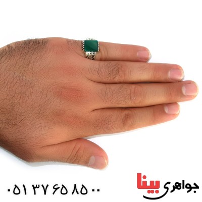 انگشتر عقیق سبز مربعی مردانه شبکه ای _کد:10508