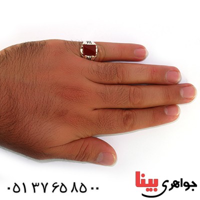 انگشتر عقیق قرمز مردانه مربعی دور چنگی _کد:10582