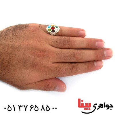 انگشتر چند جواهر مردانه درشت شبکه کاری _کد:10741