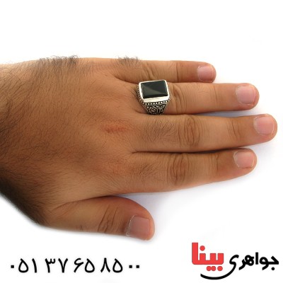 انگشتر عقیق سیاه (اونیکس) خراسانی مردانه درشت طرح گل _کد:11085