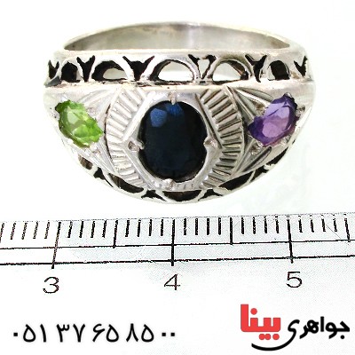انگشتر چند جواهر مردانه یاقوت کبود، آمتیست و زبرجد _کد:11821
