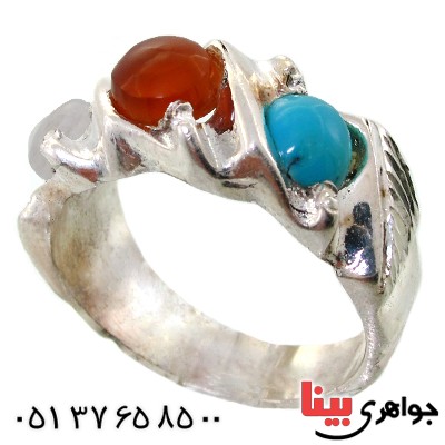 انگشتر چند جواهر مردانه فیروزه نیشابوری، عقیق یمنی و در نجف _کد:11833