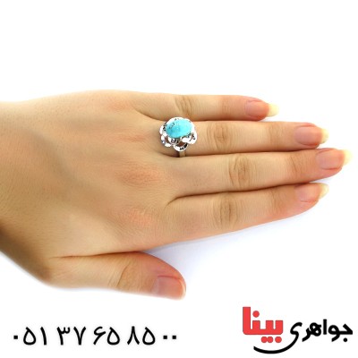 انگشتر فیروزه نیشابوری شجری زنانه درشت عالی مدل گل _کد:11848