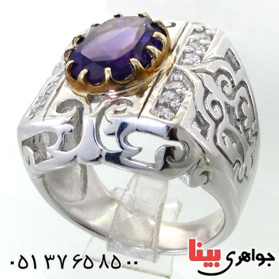 انگشتر آمتیست برزیل مردانه درشت اسلیمی دور طلایی _کد:11858