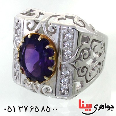 انگشتر آمتیست برزیل مردانه درشت اسلیمی دور طلایی _کد:11858