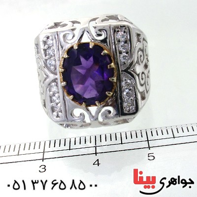 انگشتر آمتیست برزیل مردانه درشت اسلیمی دور طلایی _کد:11858