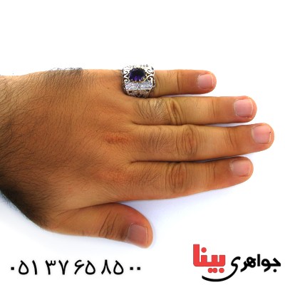 انگشتر آمتیست برزیل مردانه درشت اسلیمی دور طلایی _کد:11858