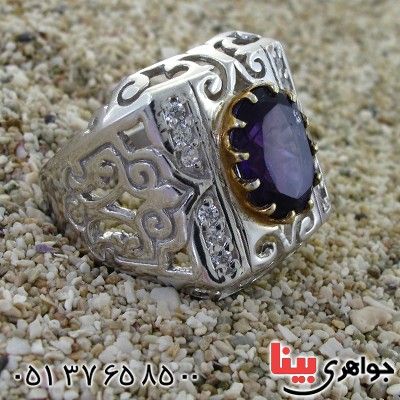 انگشتر آمتیست برزیل مردانه درشت اسلیمی دور طلایی _کد:11858