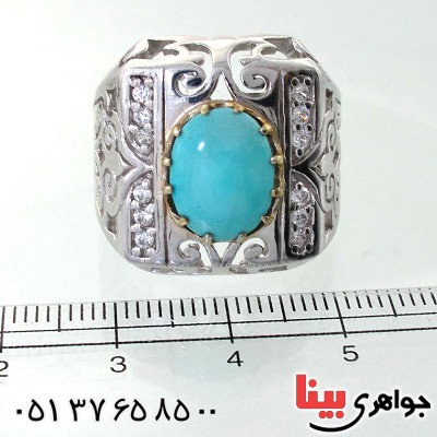 انگشتر فیروزه نیشابوری عجمی مردانه درشت اسلیمی دور طلایی _کد:11864