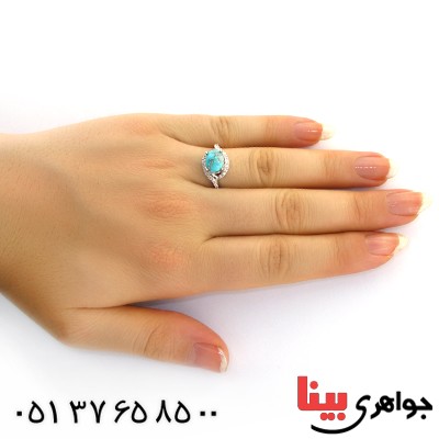 انگشتر فیروزه نیشابوری شجری زنانه رودیوم لوکس مدل الیکا _کد:11982