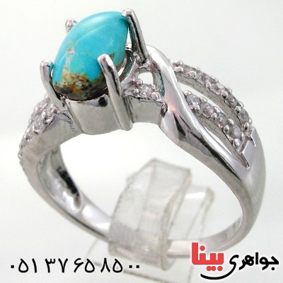 انگشتر فیروزه نیشابوری شجری زنانه رودیوم لوکس مدل آوا _کد:12001
