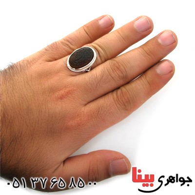 انگشتر عقیق جزع خراسانی مردانه درشت با حکاکی تاج سر انبیا محمد _کد:12046