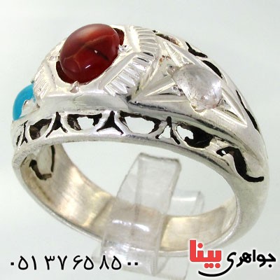 انگشتر چند جواهر مردانه عقیق یمنی، فیروزه نیشابوری و در نجف _کد:12066