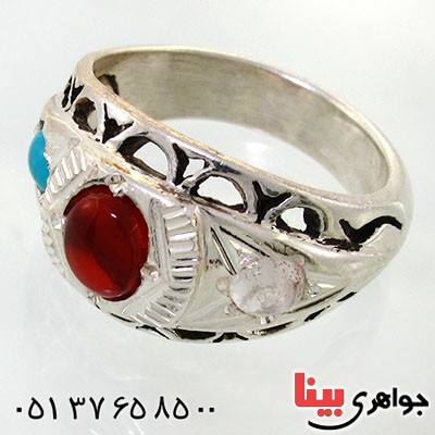 انگشتر چند جواهر مردانه عقیق یمنی، فیروزه نیشابوری و در نجف _کد:12066