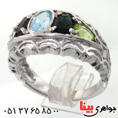 انگشتر چند جواهر توپاز، یاقوت کبود و زبرجد مردانه مرغوب _کد:12197