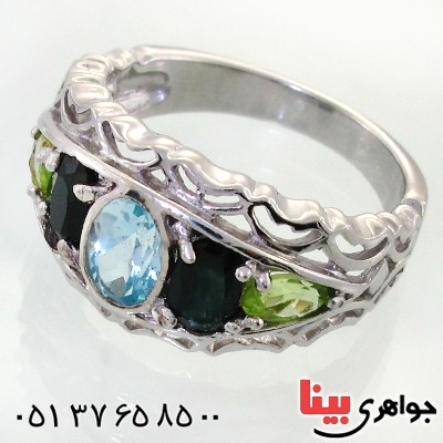 انگشتر چند جواهر توپاز، یاقوت کبود و زبرجد مردانه مرغوب _کد:12197