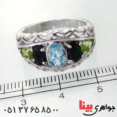 انگشتر چند جواهر توپاز، یاقوت کبود و زبرجد مردانه مرغوب _کد:12197