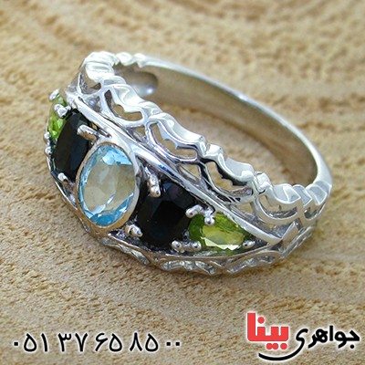 انگشتر چند جواهر توپاز، یاقوت کبود و زبرجد مردانه مرغوب _کد:12197