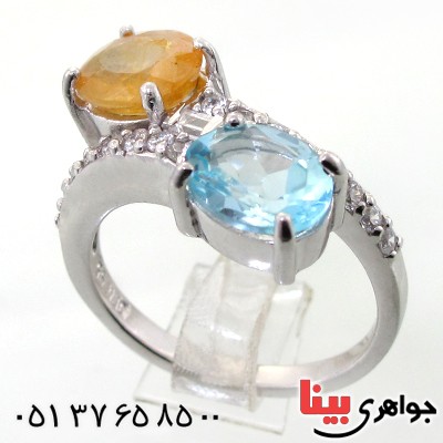 انگشتر یاقوت زرد و توپاز زنانه رودیوم لوکس درشت دوقلو _کد:12241