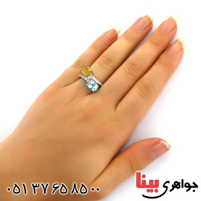 انگشتر یاقوت زرد و توپاز زنانه رودیوم لوکس درشت دوقلو _کد:12241