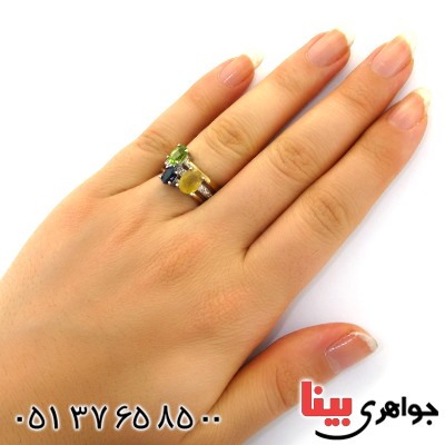 انگشتر چند جواهر یاقوت کبود،یاقوت زرد و زبرجد زنانه درشت رادیوم لوکس _کد:12287