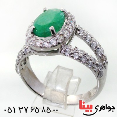 انگشتر زمرد زامبیا زنانه درشت رودیوم لوکس مدل دور نگین _کد:12317