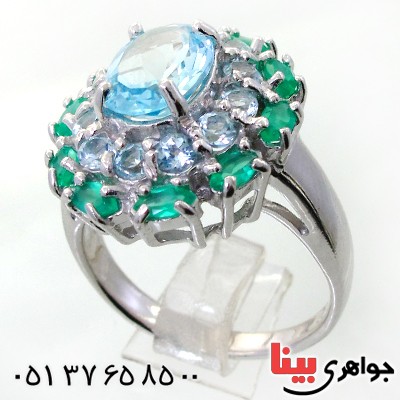 انگشتر توپاز دور زمرد زنانه درشت رودیوم لوکس فاخر _کد:12321
