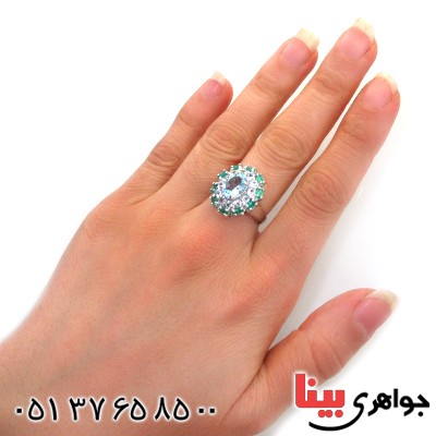 انگشتر توپاز دور زمرد زنانه درشت رودیوم لوکس فاخر _کد:12321