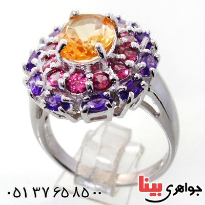 انگشتر سیترین دور آمتیست زنانه درشت رودیوم لوکس فاخر _کد:12348