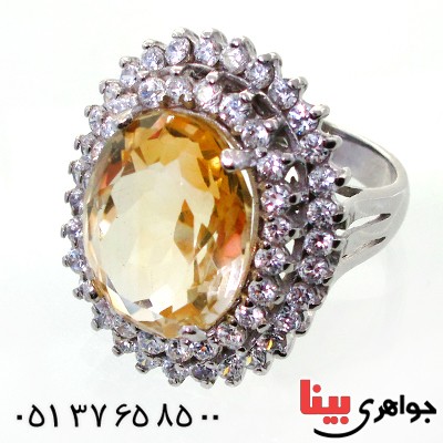 انگشتر سیترین زنانه رودیوم لوکس درشت و فاخر مدل ملکه _کد:12364