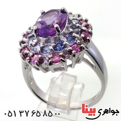 انگشتر آمتیست دور آمتیست و یاقوت زنانه درشت رودیوم لوکس فاخر _کد:12406