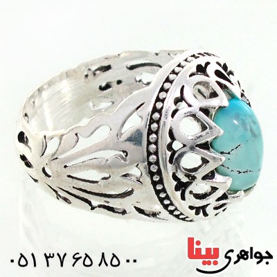 انگشتر فیروزه نیشابوری شجری مردانه دور اشکی اسلیمی _کد:12526