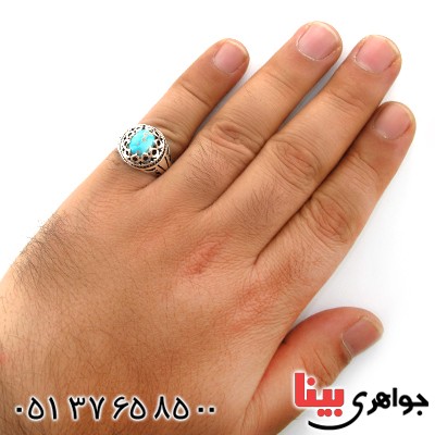 انگشتر فیروزه نیشابوری شجری مردانه دور اشکی زیبا _کد:12528