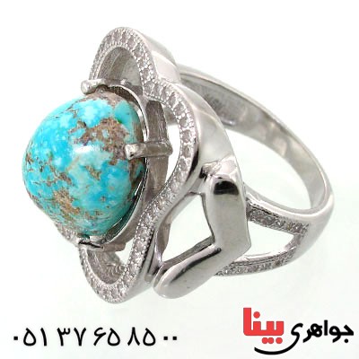 انگشتر فیروزه نیشابوری شجری زنانه رودیوم لوکس درشت فاخر مدل پروا_کد:12561
