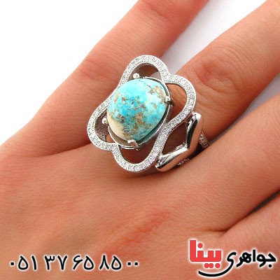 انگشتر فیروزه نیشابوری شجری زنانه رودیوم لوکس درشت فاخر مدل پروا_کد:12561