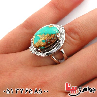 انگشتر فیروزه نیشابوری شجری زنانه رودیوم لوکس با شکوه مدل فریما_کد:12562